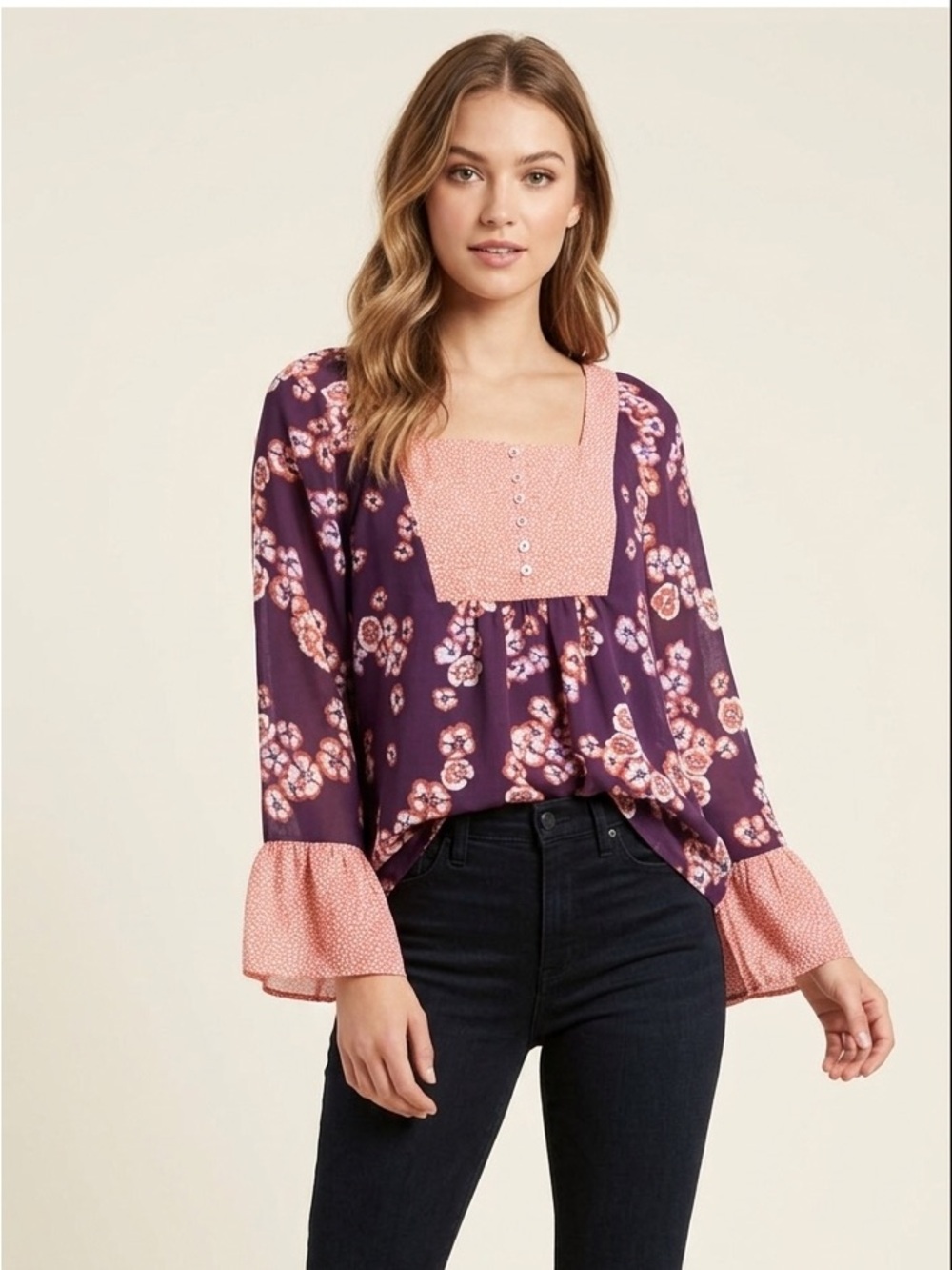 NEW! Daniel Rainn Anthropology Floral Peasant Top Purple Accents Size Small